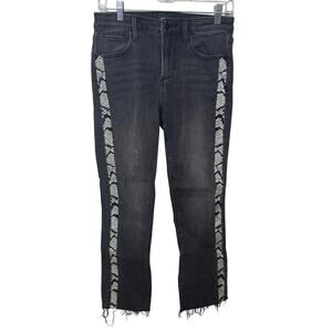 Driftwood Colette Jeans 26 Black Embroidered Side Stripe Boho‎ Frayed Hem Denim